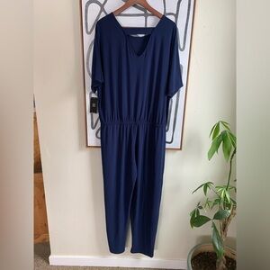 Clara Sun Woo Jumpsuit Womens 1X Plus Back Cut Out Short Sleeve blue Stretchy